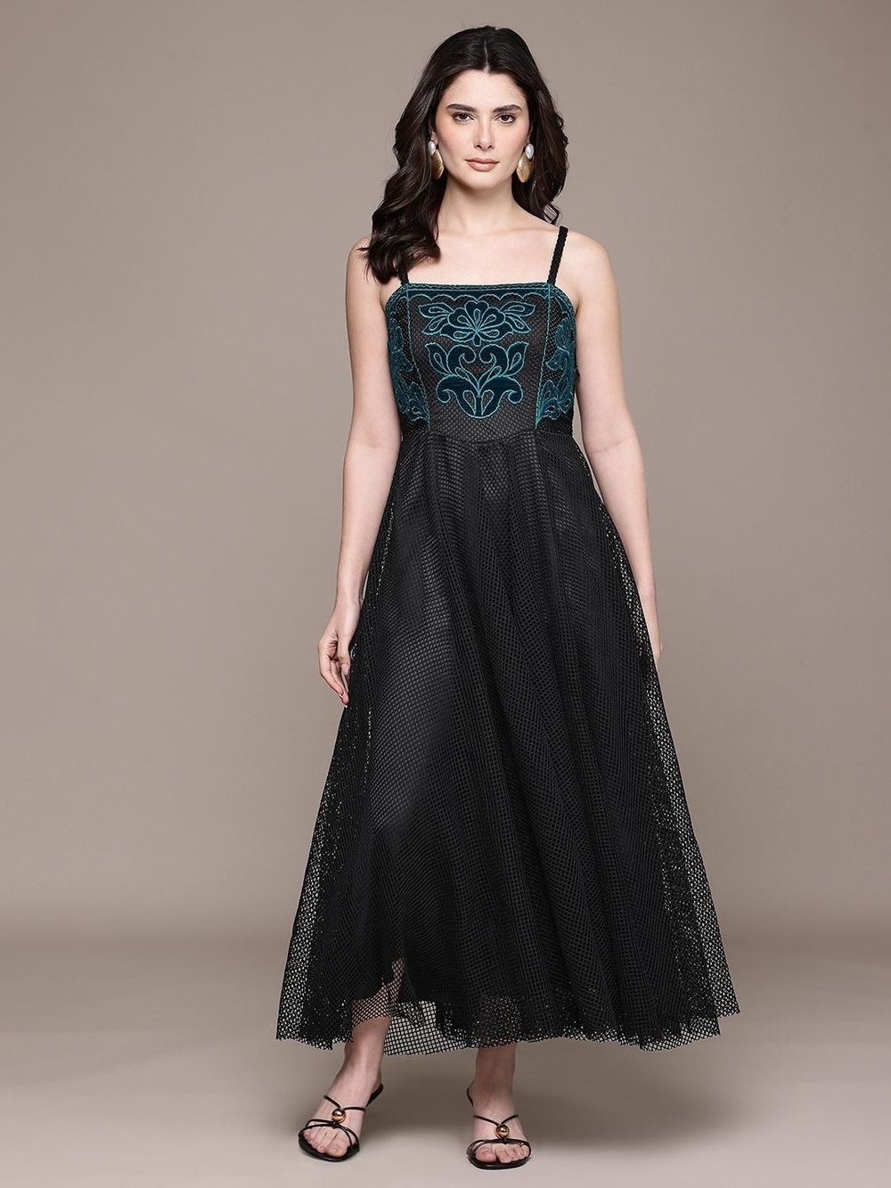 Ritu Kumar Rochelle Black Maxi Dress with Teal Embroidered Bodice
